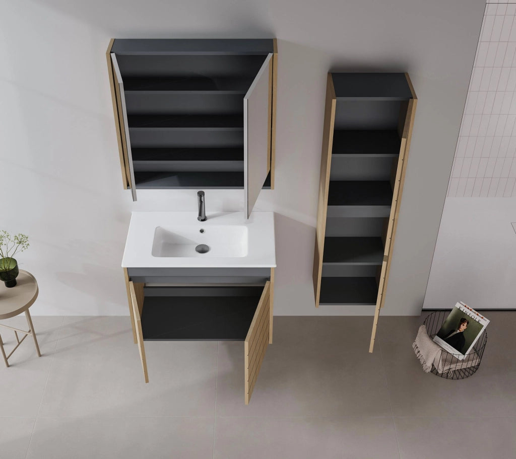 Set mobile lavabo con specchio (2 pezzi) "Ricato 80" - 81 x 47 x 62 cm - Rovere
