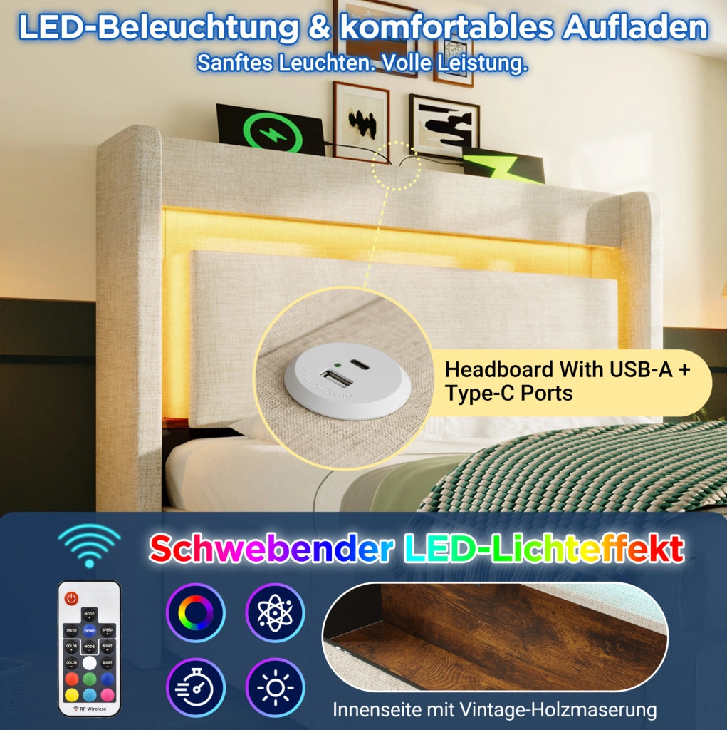 Letto imbottito beige con contenitore, testiera attrezzata e LED