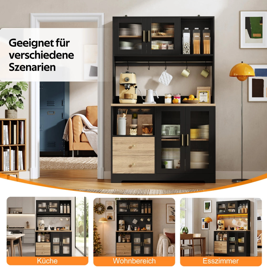 Credenza cucina alta 110x40x178 cm con LED RGB; prese USB; vetri temperati; nero
