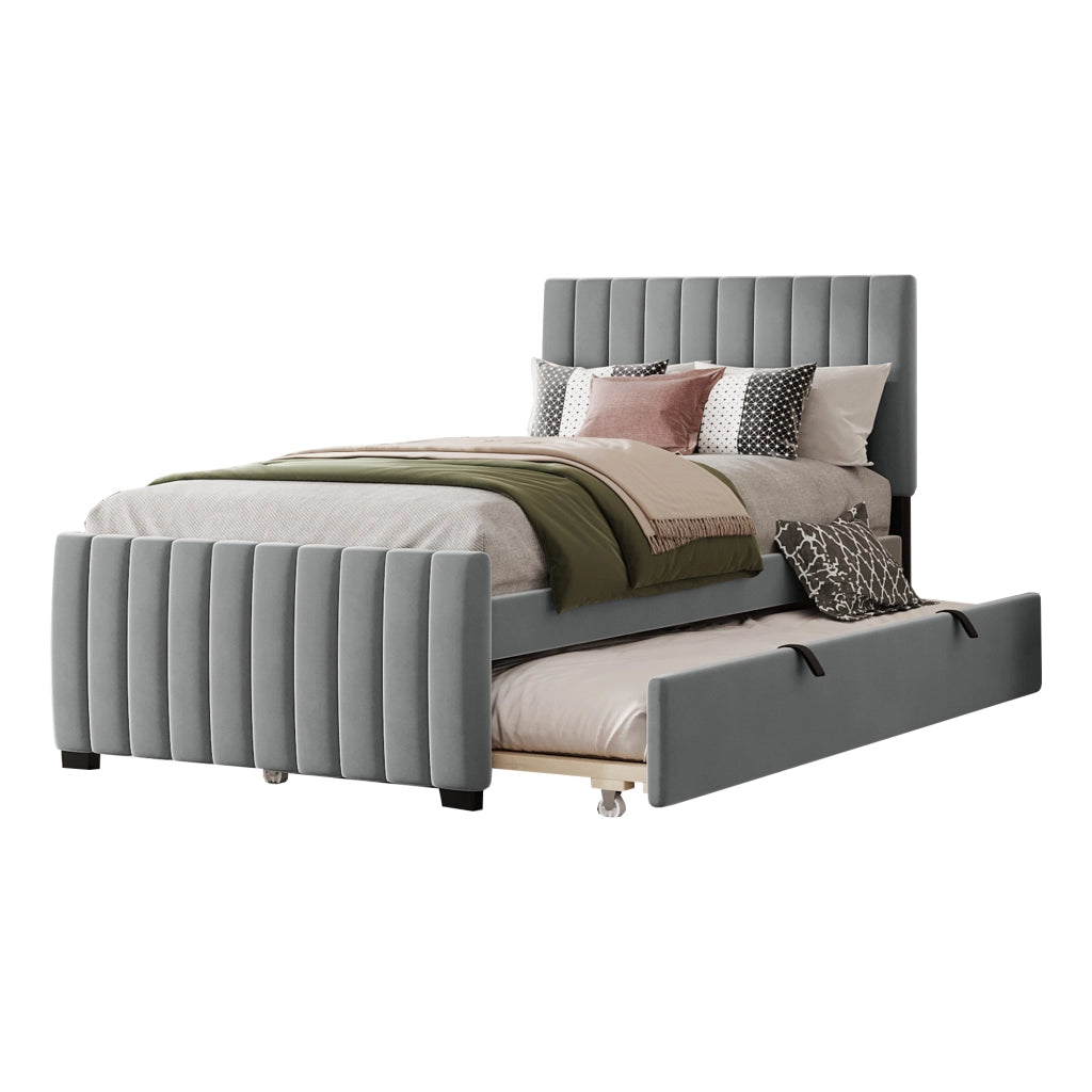OKWISH Letto estraibile 90×190 cm, Letto Singolo con Testiera Imbottita e Letto a Scomparsa, senza Materasso, in Velluto, Grigio