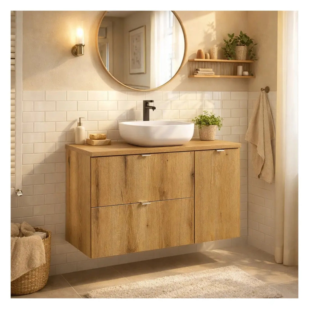Set da bagno sospeso VANO finitura rovere 90cm: mobile sotto lavabo con cassetti e armadietti + piano per lavabo