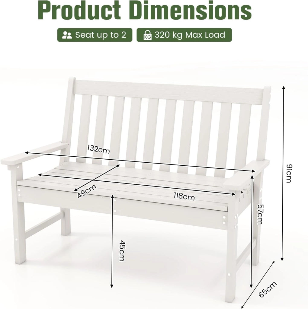 GIANTEX Panca da giardino per 2 persone, panca da parco in plastica con schienale alto, panca da esterno, resistente alle intemperie, per giardino, patio, terrazza, 132 x 65 x 91 cm (bianco)