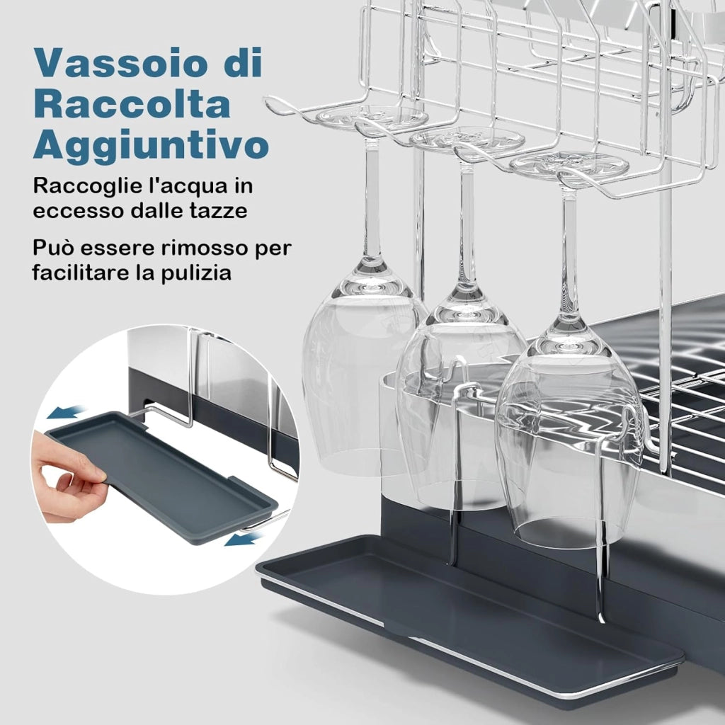Scolapiatti da Appoggio a 2 Livelli, in Acciaio Inox con Porta Bicchieri, Piatti, Ciotole, Tazze, Posate e Vassoio Raccogligocce, Scolapiatti da Lavello con Ugello Estensibile Girevole a 360°