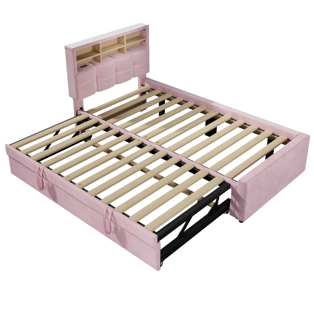Letto singolo 90x200 cm rosa in velluto con letto estraibile per ospiti e prese USB