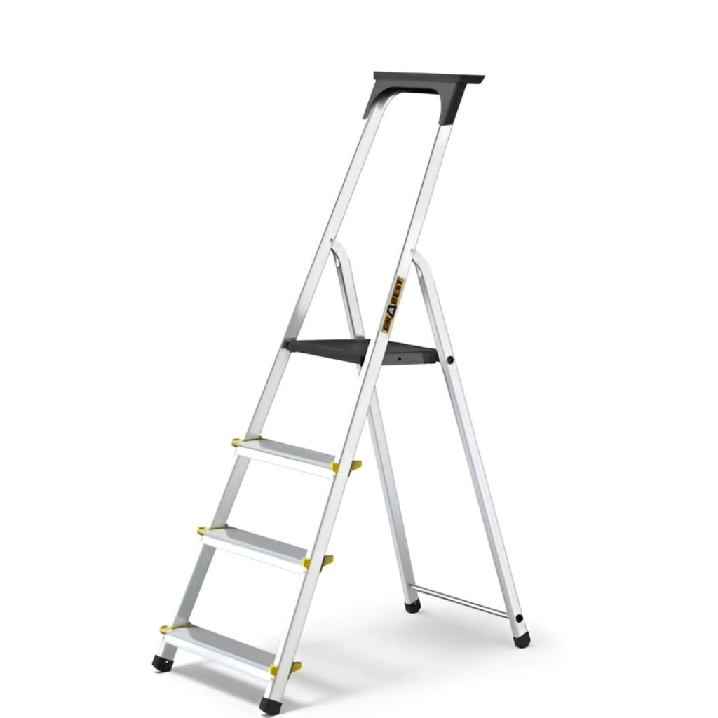 Drabest Scala In Alluminio Con Ripiano, 4 Gradini, Scala A Pioli Fino A 150 Kg, Scala Domestica, Scala Pieghevole (4 Livelli)