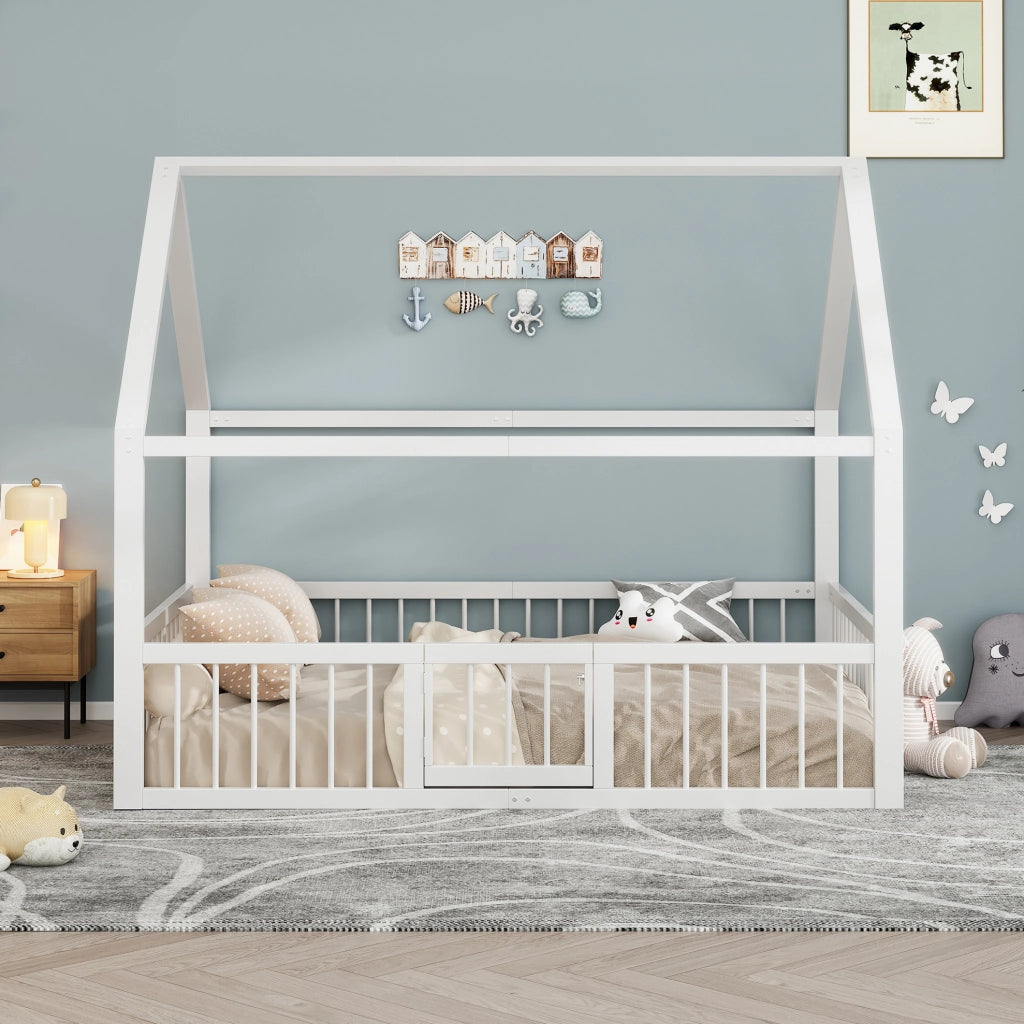 Letto per bambini a casetta 140x200 cm in metallo bianco con sponde di sicurezza