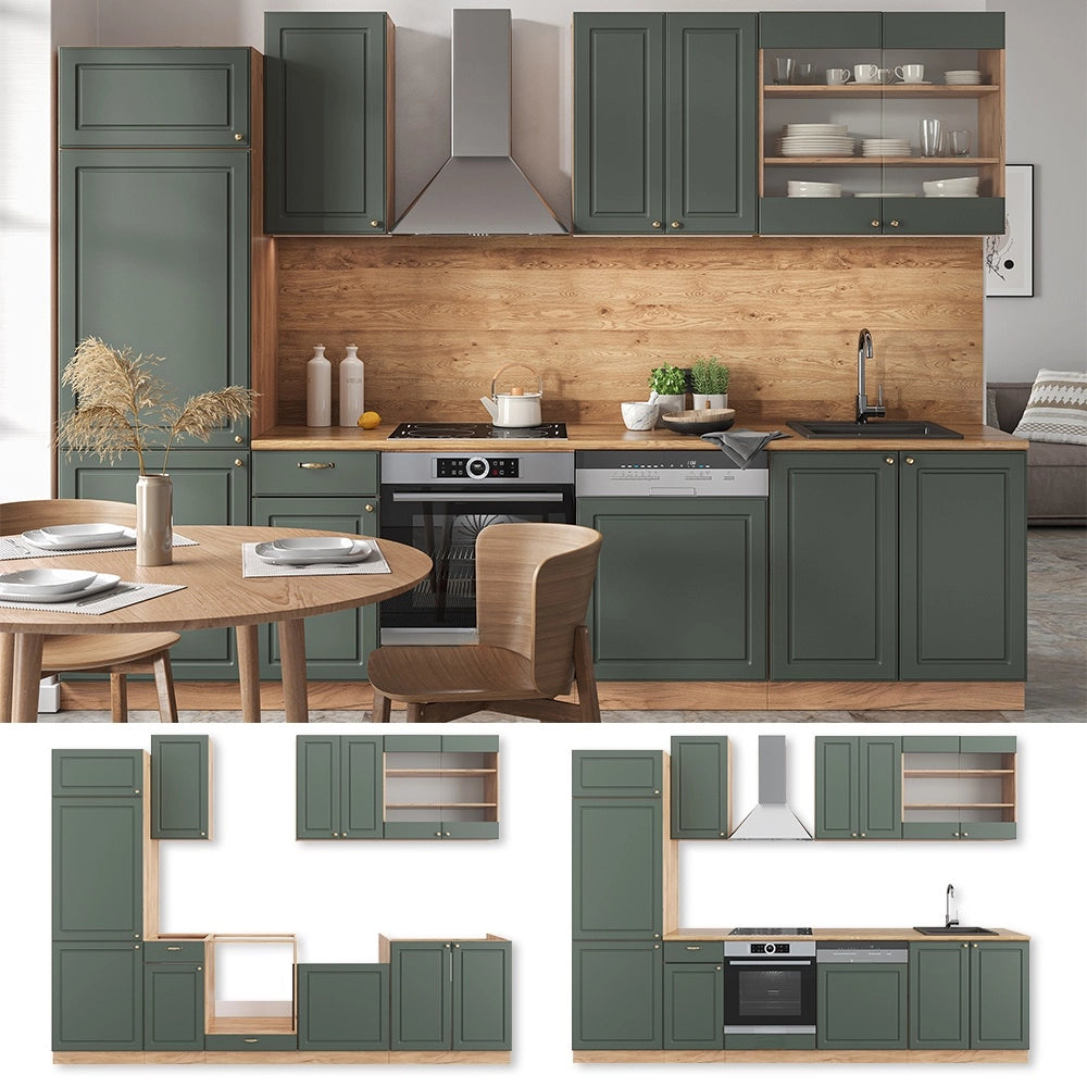 Cucina componibile Fame-Line Verde-oro rustico/Rovere dorato 300 cm senza piano di lavoro Vicco