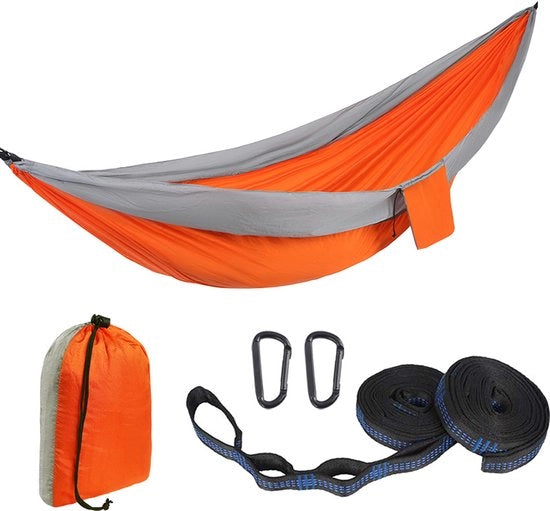 Hangmat da Campeggio - 270x140cm - Materiale Ultraleggero per il Campeggio - Telaio in Nylon Resistente - Con Due Cinturoni in Nylon da 10ft - Sedia da Giardino per Interno - Accessori da Campeggio per Esterni (Capacità 330lbs) - Colore Grigio e Arancione