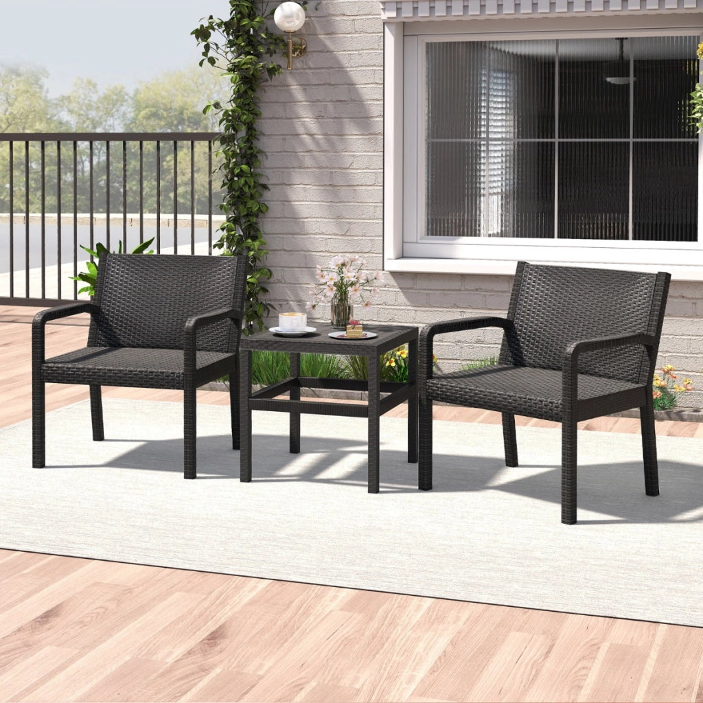 Set di conversazione da esterno con 2 poltrone moderne in rattan e tavolino quadrato, Set di mobili da patio a 3 pezzi Nero-Sedie da esterno