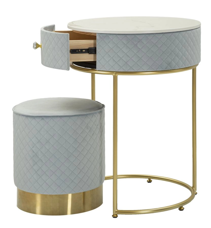 Comodino Toeletta con Puff Vellit Celeste Ø52x70 cm - Ø36x39 cm in Pino e MDF e Metallo