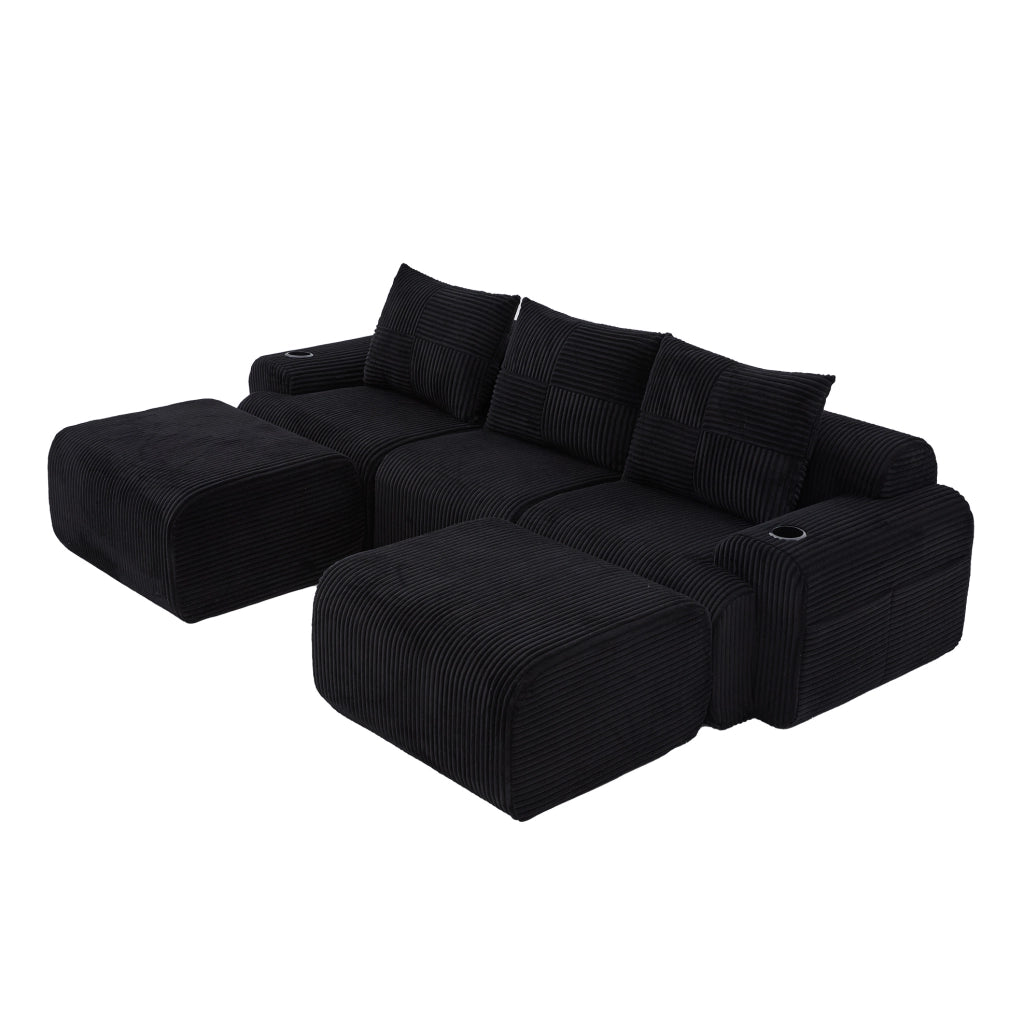 Divano modulare 3 posti in corduroy nero 268x174x66 cm con portabicchieri e tasca laterale