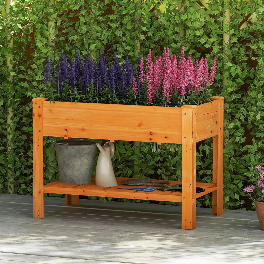 Letto per Orto Rialzato da Esterno in Legno di Abete, Fioriera Rialzata con Fori di Drenaggio e Ripiano Inferiore, Letto per Piante Urbano da Giardino e Patio, 120 x 60 x 82 cm (Arancione)