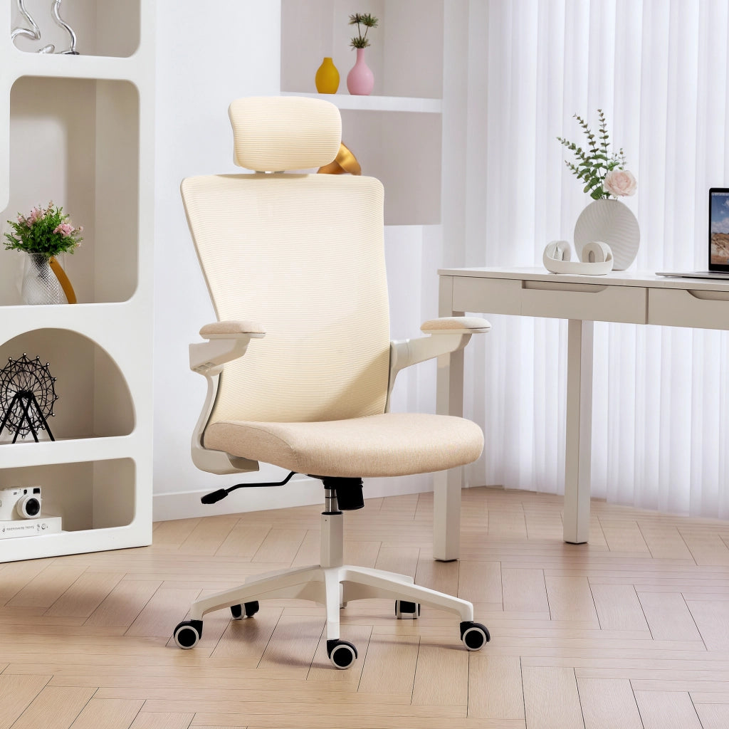 Sedia da ufficio ergonomica ¨C zephmum ¨C beige, braccioli reclinabili, supporto lombare, 60x63x120cm