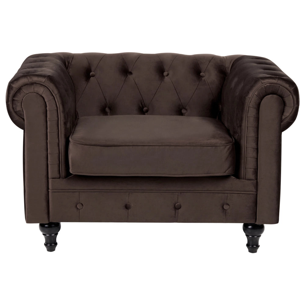 Poltrona Chesterfield in velluto marrone scuro con gambe in legno di gomma stile contemporaneo