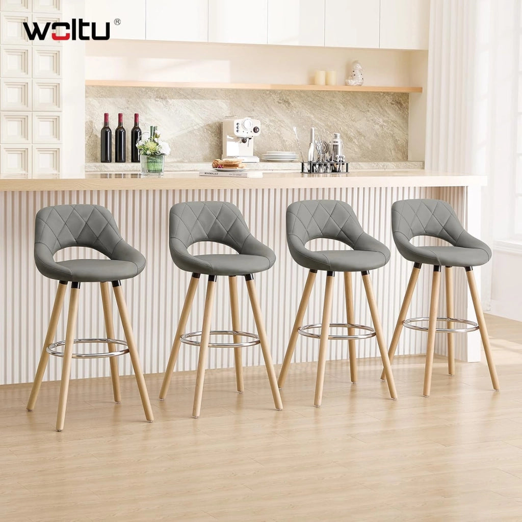 Sgabelli da Cucina Set di 2, Sgabello da Bar per Colazione, Sgabelli Alti con Poggiapiedi e Schienale, Sedile in Pelle Sintetica+Gambe in Legno, Grigio, BH111gr-2