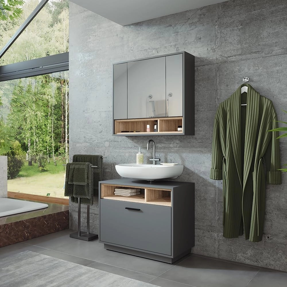 Set di mobili da bagno Beatrice, Antracite/Sonoma, 80 cm, composto da specchio da bagno e mobile sottolavabo