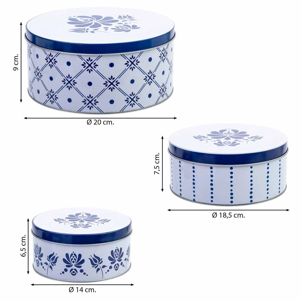 Set 3 contenitori in metallo blu e bianco D20x9h-D18,5x7,5h-D14x6,5h cm