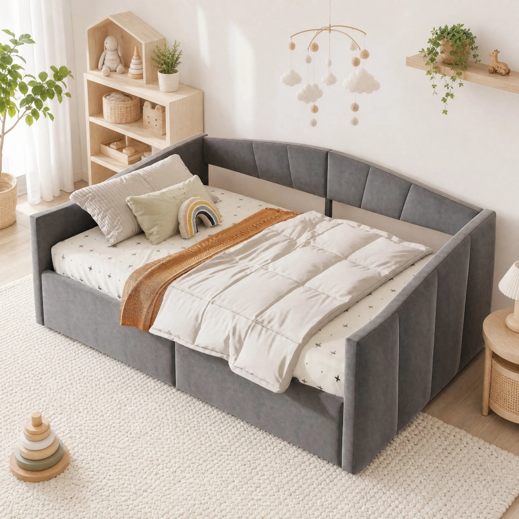 Letto imbottito / divano letto con sollevamento idraulico, contenitore salvaspazio, rete a doghe, tessuto in velluto grigio, 140x200 cm