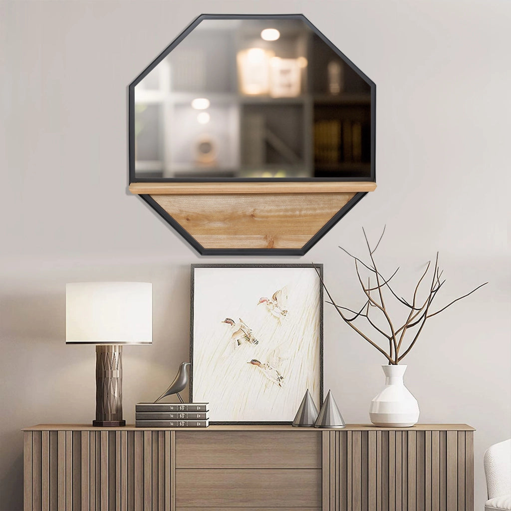 EasyComfort Specchio da Parete Ottagonale in Metallo con Mensola in Legno, 61x61cm Nero
