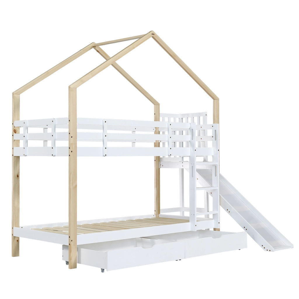 Letto a castello con scivolo e scala - Zephmum- 90x200 cm, Bianco+Naturale, 2 cassetti, sicurezza