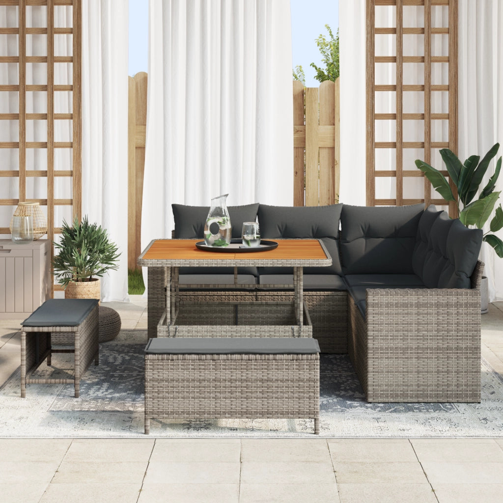 Set Divano da Giardino 8 Pezzi con Cuscini Grigio Polyrattan Acacia