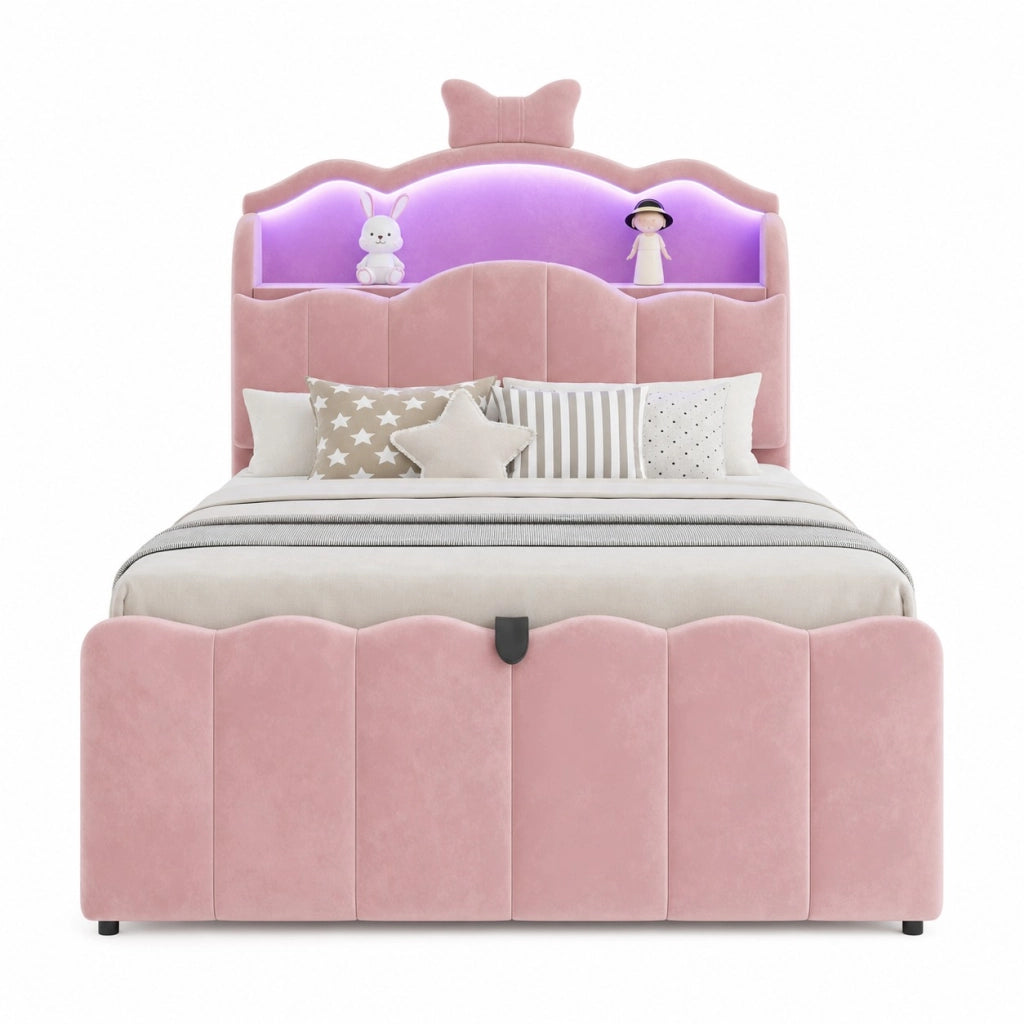 Letto per bambini imbottito 90x200 cm in velluto rosa con LED; USB; USB-C e contenitore