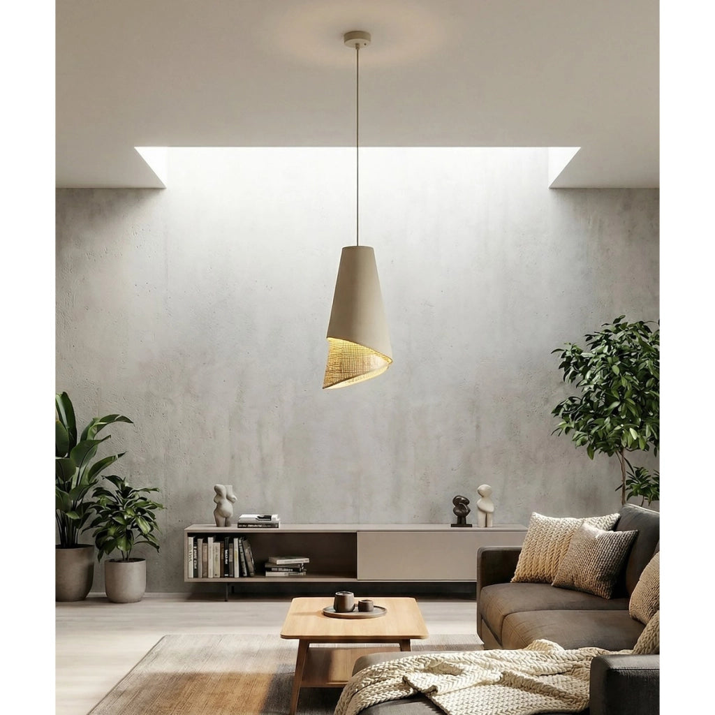 Lampada a sospensione MODA in acciaio e tessuto effetto rattan