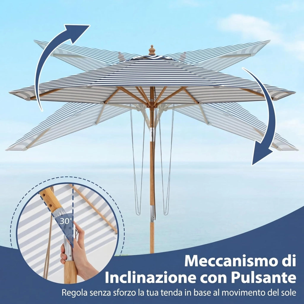 Ombrellone da Giardino 280 cm, Ombrellone Inclinazione Regolabile a 30°, con 8 Stecche, per Spiaggia Piscina Cortile (Binaco+Blu)