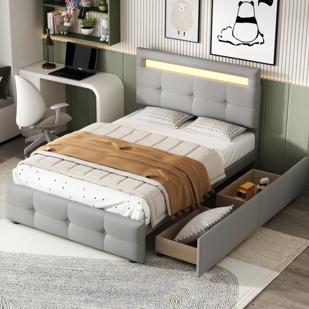 Letto imbottito 90x200 cm con LED; 2 cassetti; rete a doghe; grigio