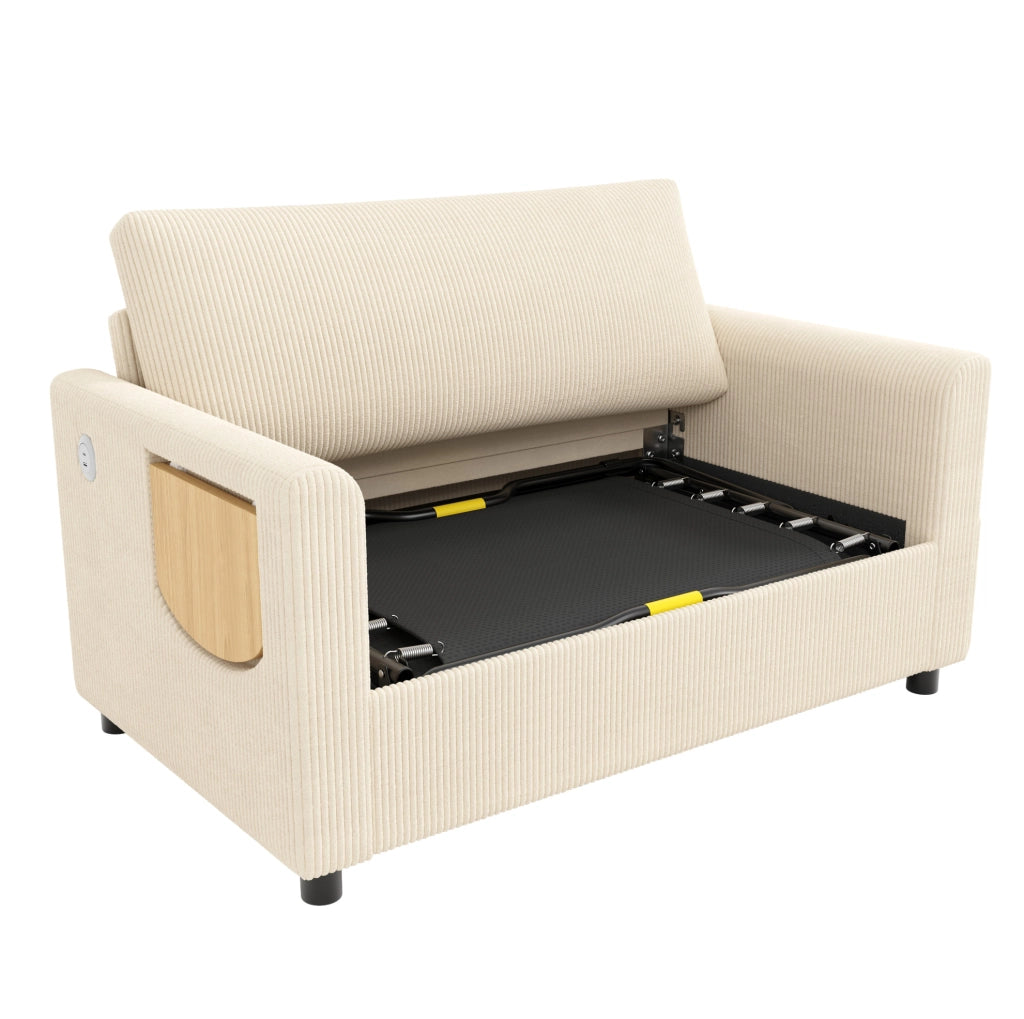Divano letto 2 posti estraibile in corduroy beige con USB; USB-C e tavolino pieghevole
