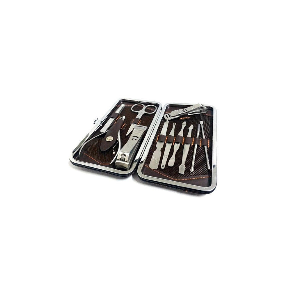 Trade Shop - Kit Professionale Manicure Pedicure Sopracciglia 11 Pezzi In Custodia Ecopelle -