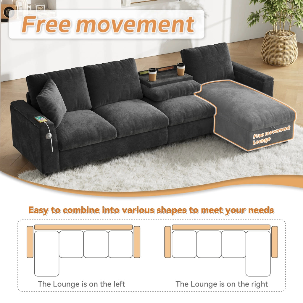 Divano letto angolare con contenitore e tavolino ribaltabile - in chenille - grigio