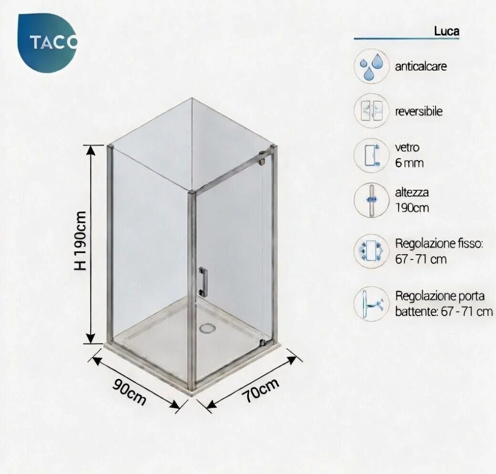 Box doccia 2 lati 90x70 cm fisso + porta 1 battente h190cm LUCA - Cromato Lucido