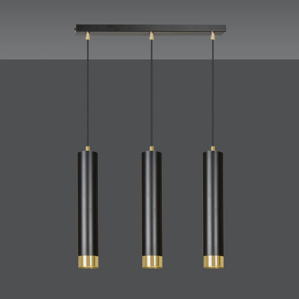Lampadario 3 Luci Brunilde In Acciaio Nero E Tubolari In Nero E Oro