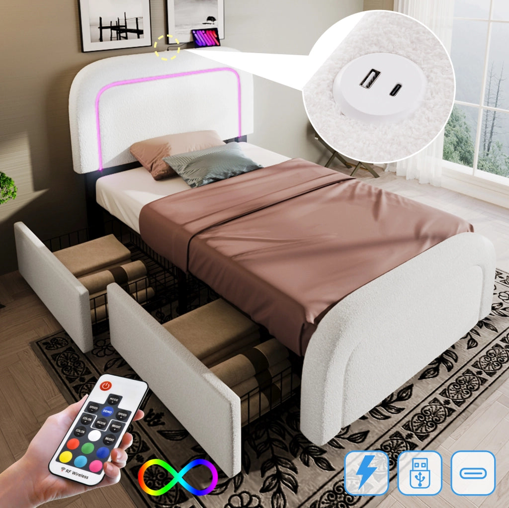 Letto singolo imbottito 90x200 cm in Sherpa bianco con USB Type-C; LED e 2 cassetti