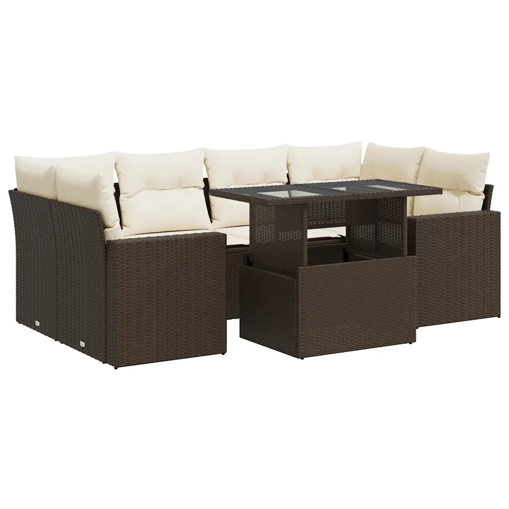 Set Divani da Giardino 7 pz con Cuscini Marrone in Polyrattan