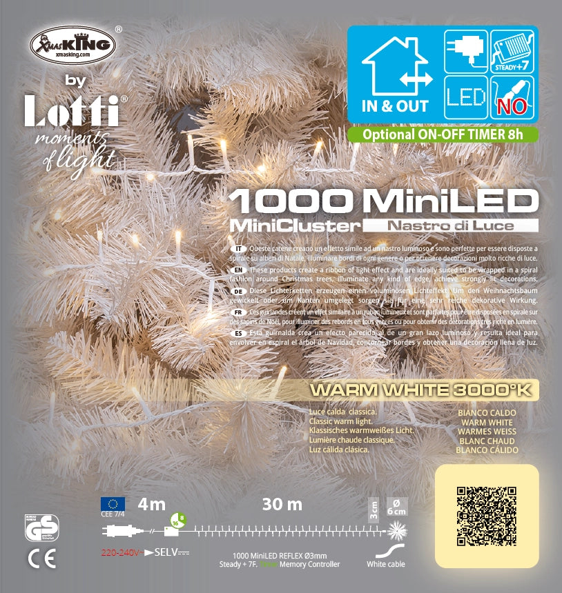 Catena Nastro 6cm NTLG 1000 MiniLED cavo Bianco 4+30,5m Luci di Natale