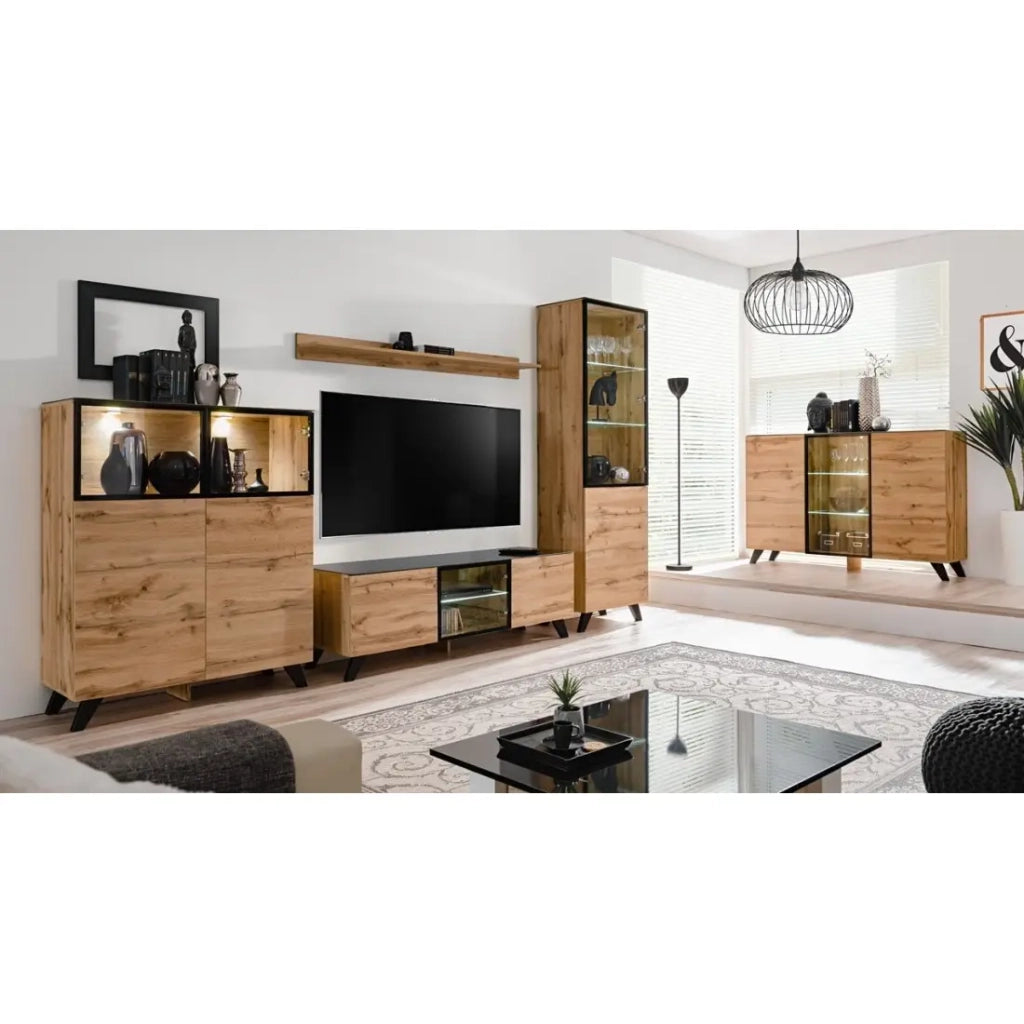 Buffet 3 porte TINO con LED – Rovere chiaro e nero – Stile scandinavo moderno