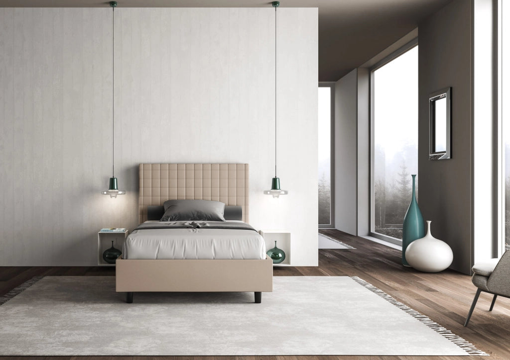 BS COM Letto singolo con rete imbottito 100x210 similpelle tortora