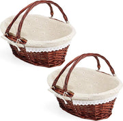 Due cestini di vimini intrecciato con manico - cestino per picnic ovale con fodera di stoffa in lino - cestino di vimini marrone per uova dolci regalo - 30 x 23 x 12 cm cestino di vimini