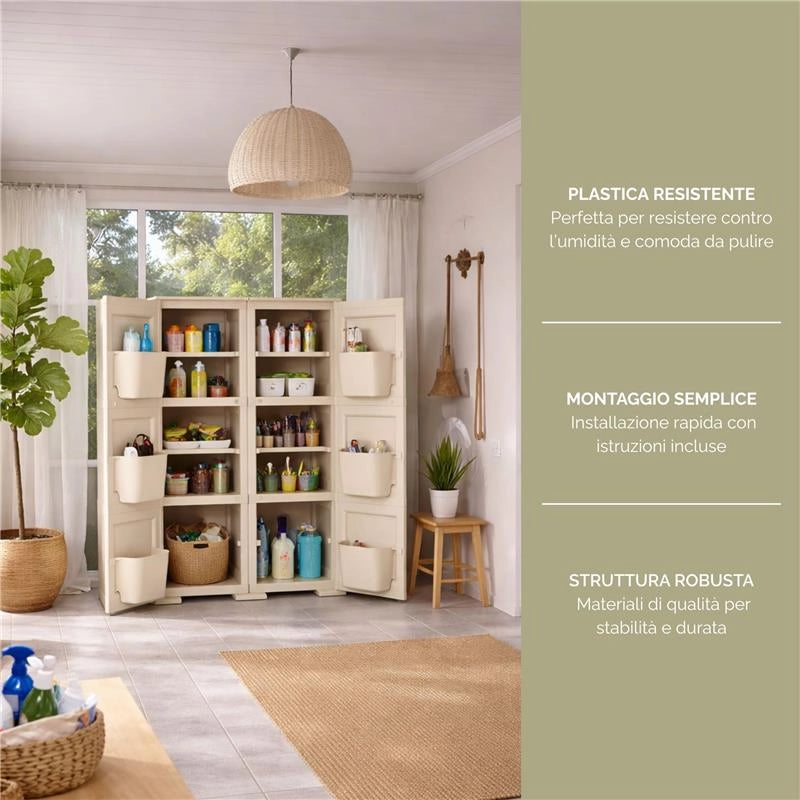 MOBILE MULTIUSO 2 ANTE ANGORA 79X43X125 CM CON 3 MODULI E 6 TASCHE LATERALI – ARMADIO ORGANIZZATORE VERTICALE CON RIPIANI E ANTE LISCE