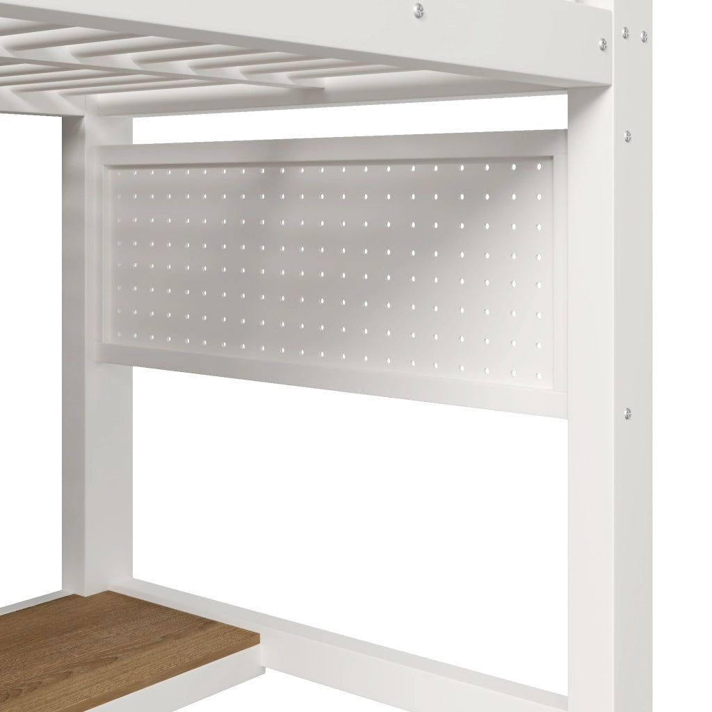 Letto a soppalco singolo 90×200 cm con LED; scrivania e ripiani; senza materasso; metallo; bianco