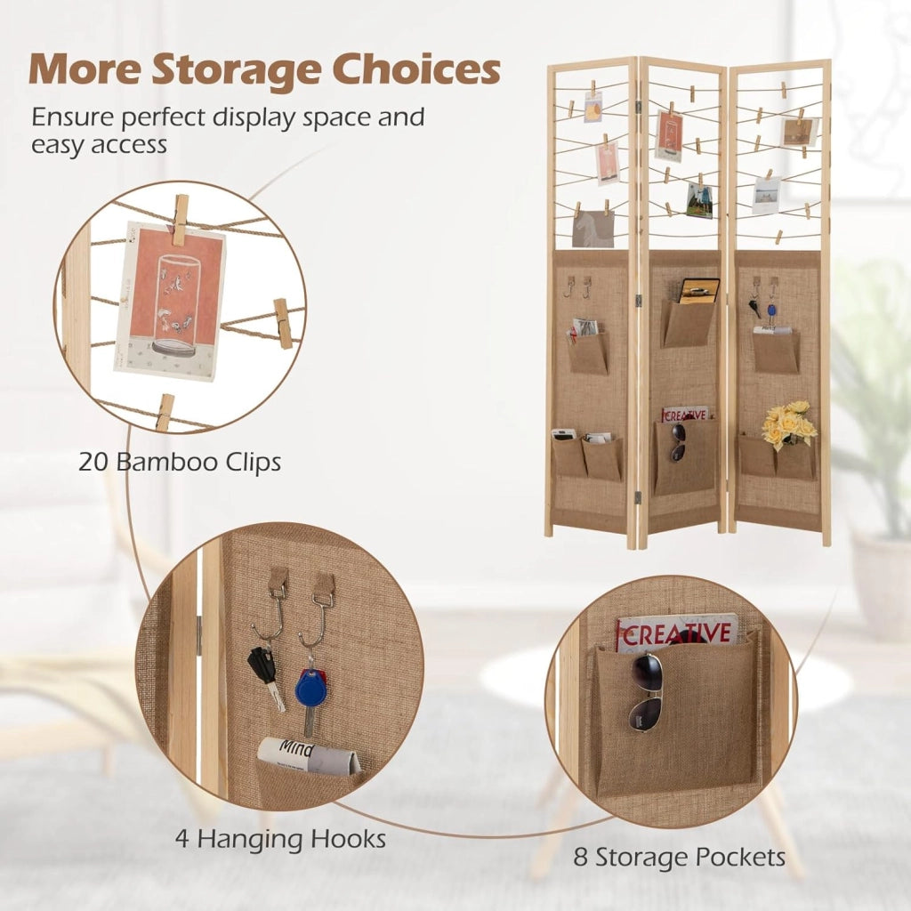 Paravento pieghevole a 3 pannelli. Separatore di privacy in legno con 8 tasche, 4 ganci e spago per appendere con 20 clip in bambù, 120 x 170 x 2 cm