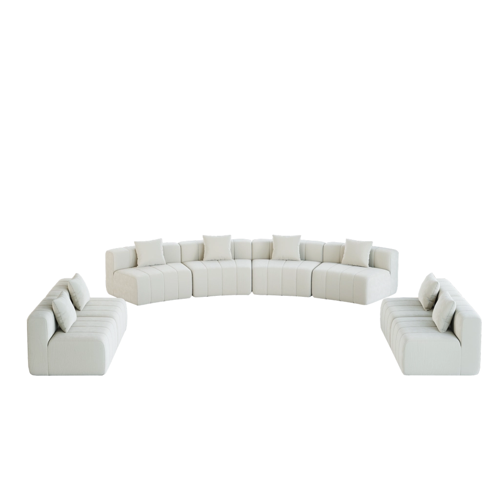 DIVANO Modulare Curvo in Chenille Beige con 2 Cuscini