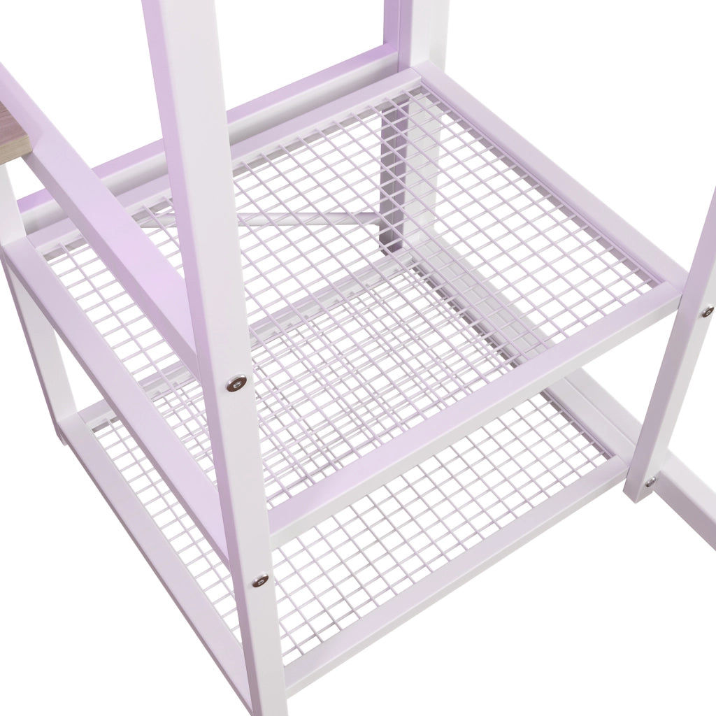 Letto a soppalco 140x200 cm con scrivania; luce integrata e ripiani in metallo e MDF bianco