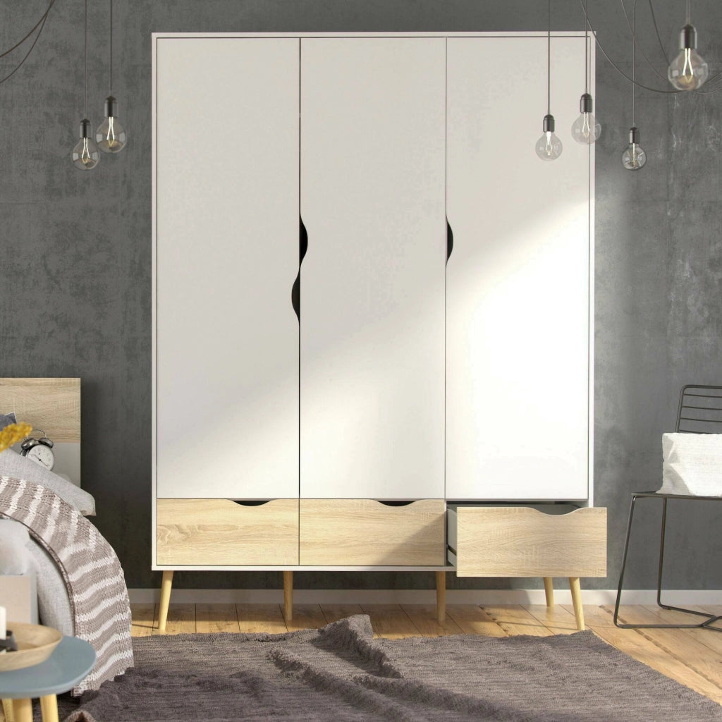 Guardaroba 3 ante Devota, Mobile camera da letto, Cabina armadio portabiti, Armadio appendiabiti, 147x58 h200 cm, Bianco e Quercia