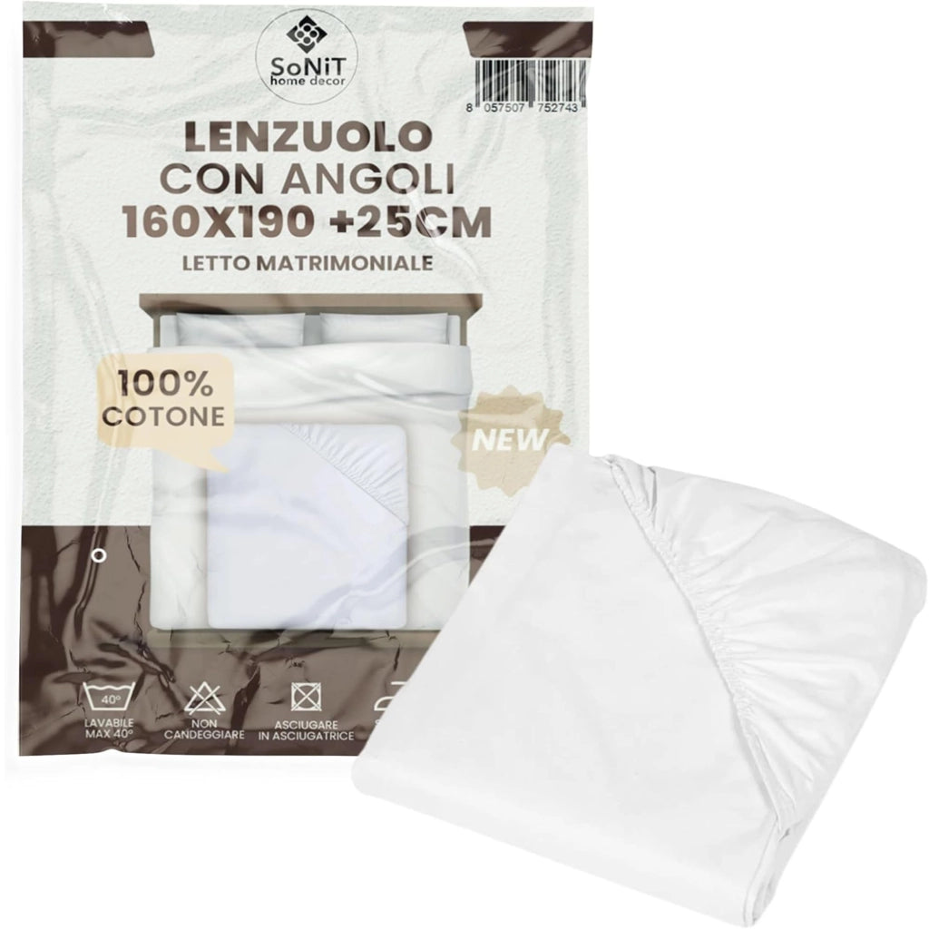 SONIT - Lenzuolo con Angoli Bianco - Lenzuolo con Angoli Cotone Traspirante - Lenzuola Facile da Lavare Misura: MATRIMONIALE