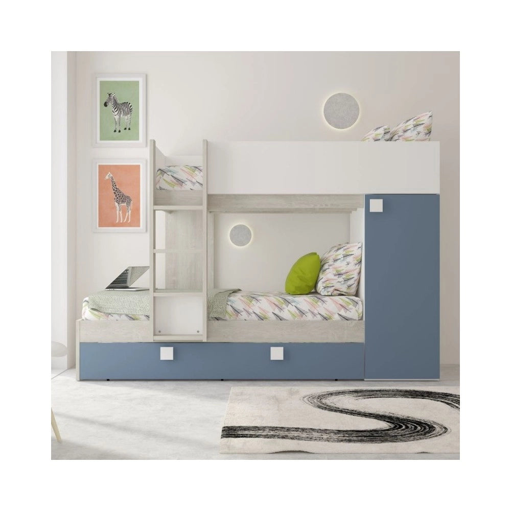 Letto a castello bianco consumato e azzurro con letto estraibile
