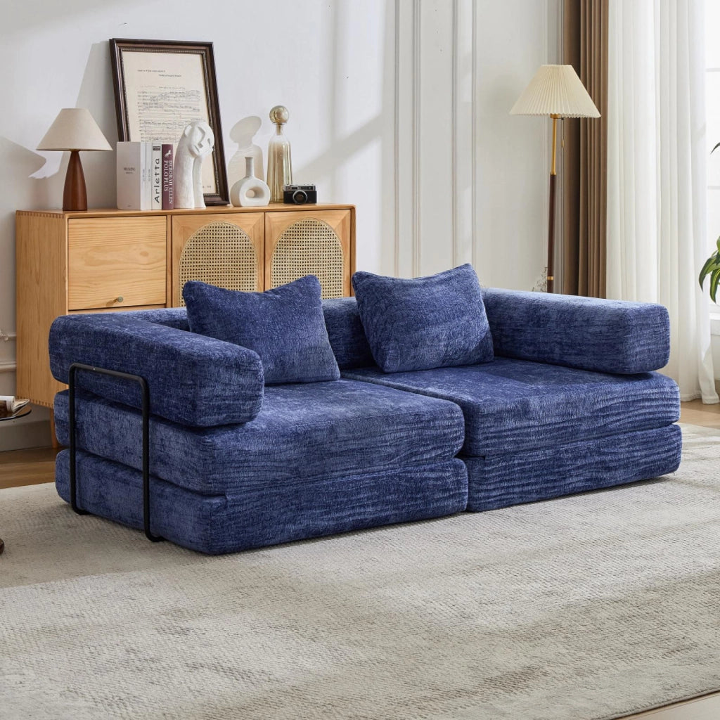 Divano compatto, divano letto pieghevole, moduli senza struttura, tessuto chenille, blu scuro