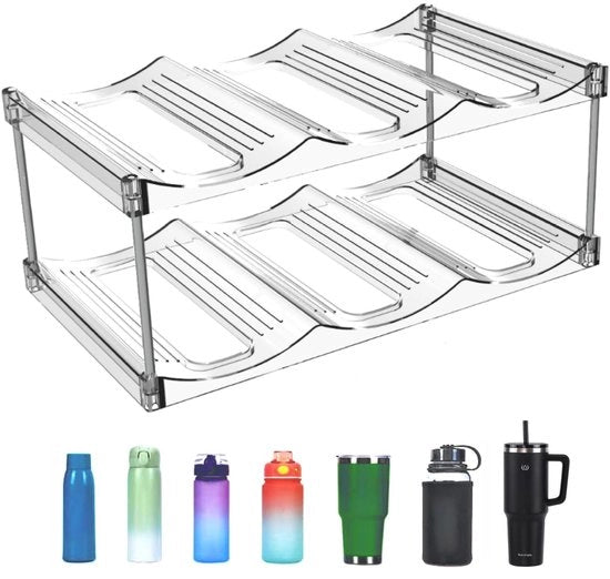 Organizzatore per Bottiglie Frigorifero, Raccoglitore per Bottiglie Frigorifero, 2 Livelli Organizzatore Transparente per Flessa d'Acqua, Ogni Raccoglitore Contiene 3 Bottiglie